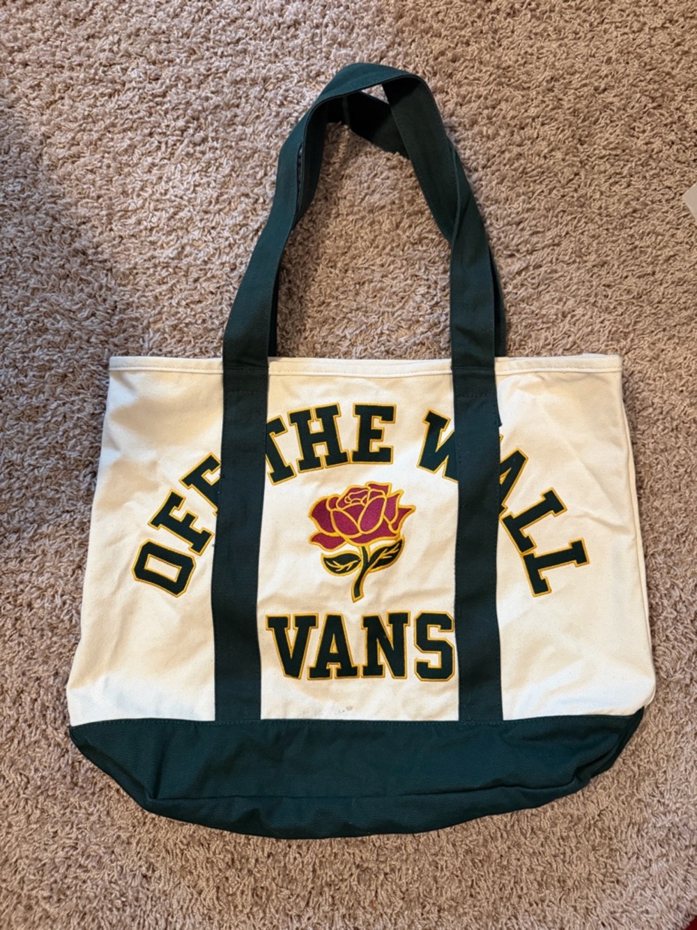 Vans Cream Tote with Dark Green Accents and Rose Graphic- RARE